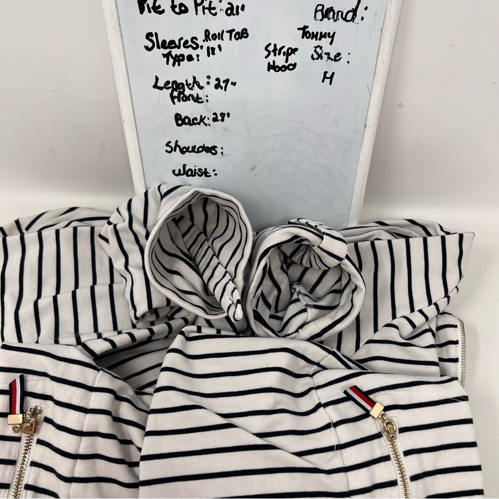 Tommy Hilfiger Women’s Patriotic Striped Long Roll Tab Sleeve 1/4 Zip Hoodie Med - Picture 11 of 14